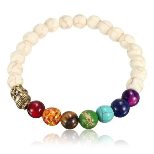 Unisex White Stone Agate Colorful Beads Prayer Elastic Bracelet